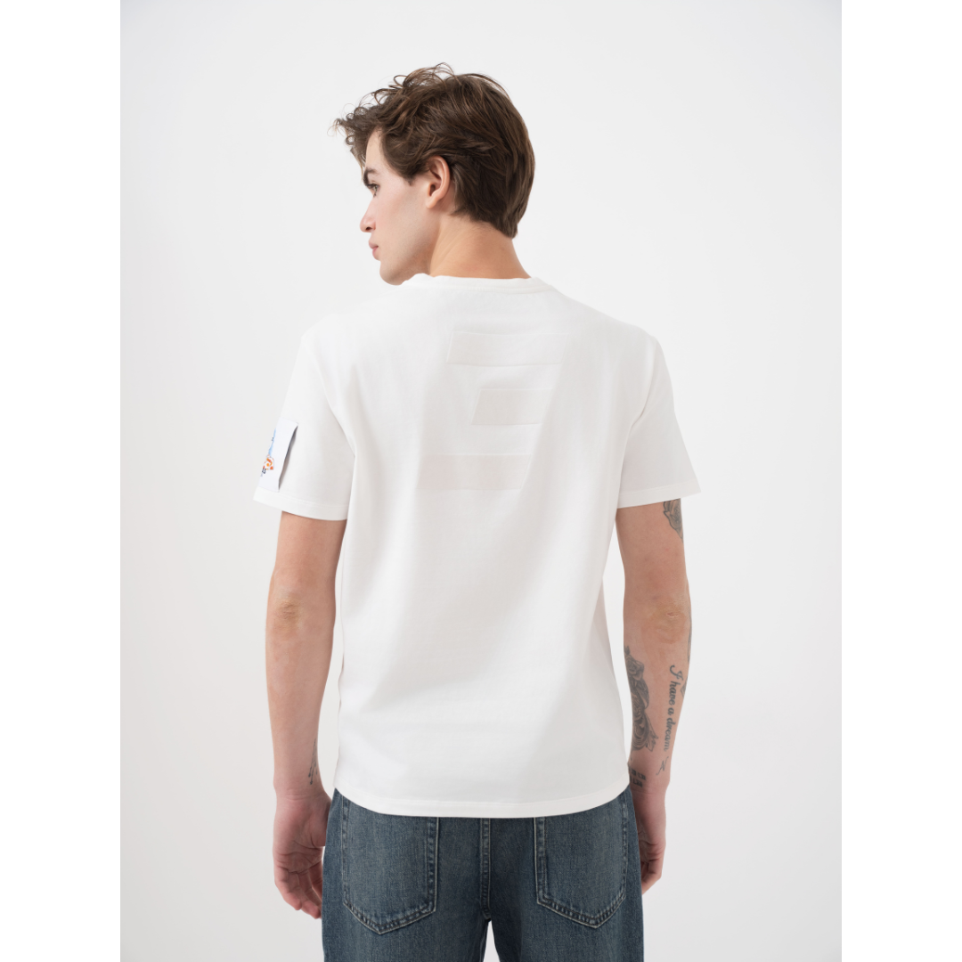 T-shirt with label and flocked logo